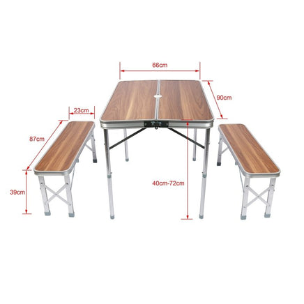 Koffertisch mit 2 Bänken Holzdesign Aluminium 90x66x70 cm Campingtisch klappbar Sitzgruppe Campingmöbel Outdoor - B&B Shop - 2000 Stockerau