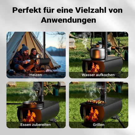 mobiler Ofen, Zeltofen Stahl, robuster Campingofen 85 x 57,5 x 238 cm, Holzofen mit Rauchabzug Ø 6 cm x 40 cm, Werkstattofen - B&B Shop - 2000 Stockerau